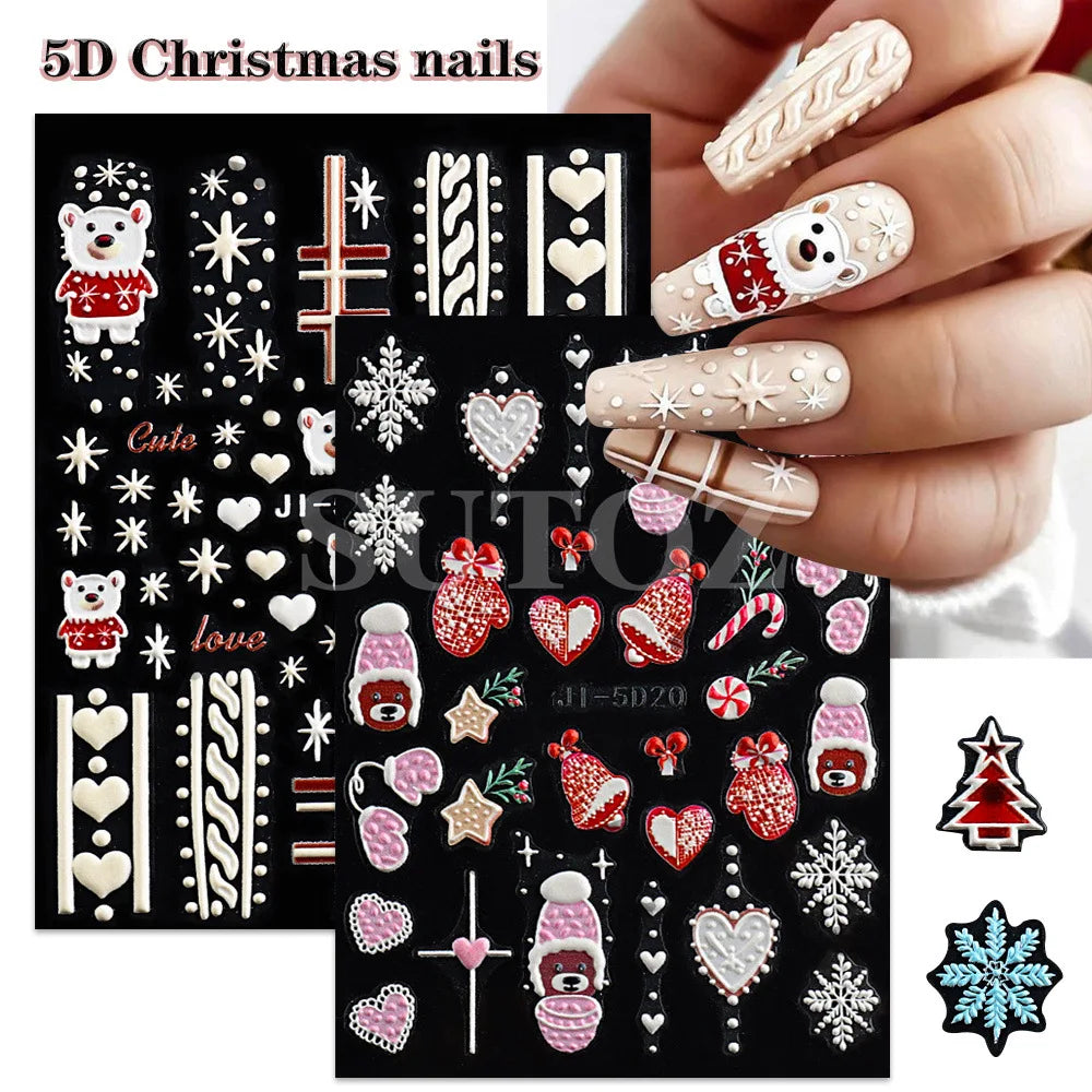 5D Christmas Nail Stickers with Festive Embossed Winter Designs