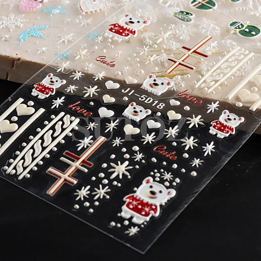 5D Christmas Nail Stickers with Festive Embossed Winter Designs - 4