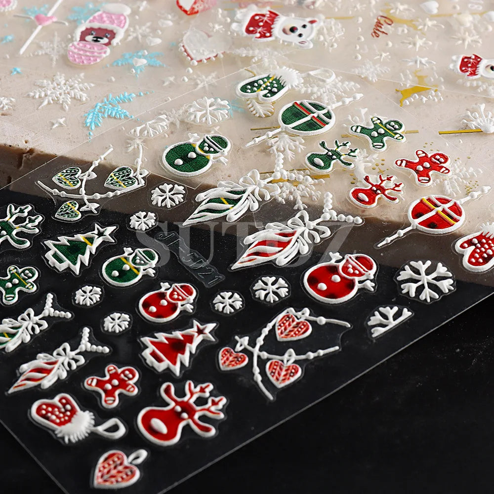 5D Christmas Nail Stickers with Festive Embossed Winter Designs