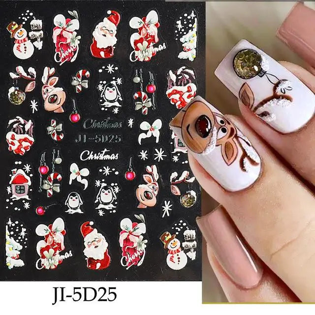 5D Christmas Nail Stickers with Festive Embossed Winter Designs