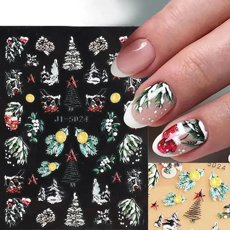 5D Christmas Nail Stickers with Festive Embossed Winter Designs