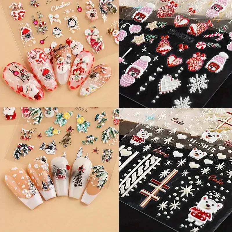 5D Christmas Nail Stickers with Festive Embossed Winter Designs