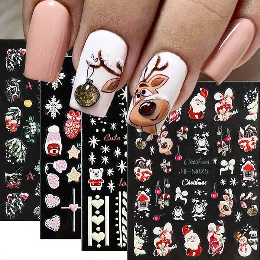 5D Christmas Nail Stickers with Festive Embossed Winter Designs