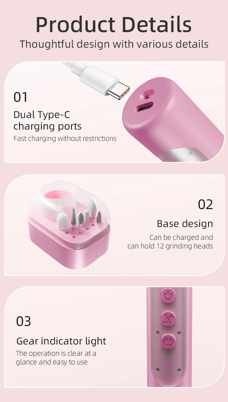 Electric Nail Drill Kit with Rechargeable Base