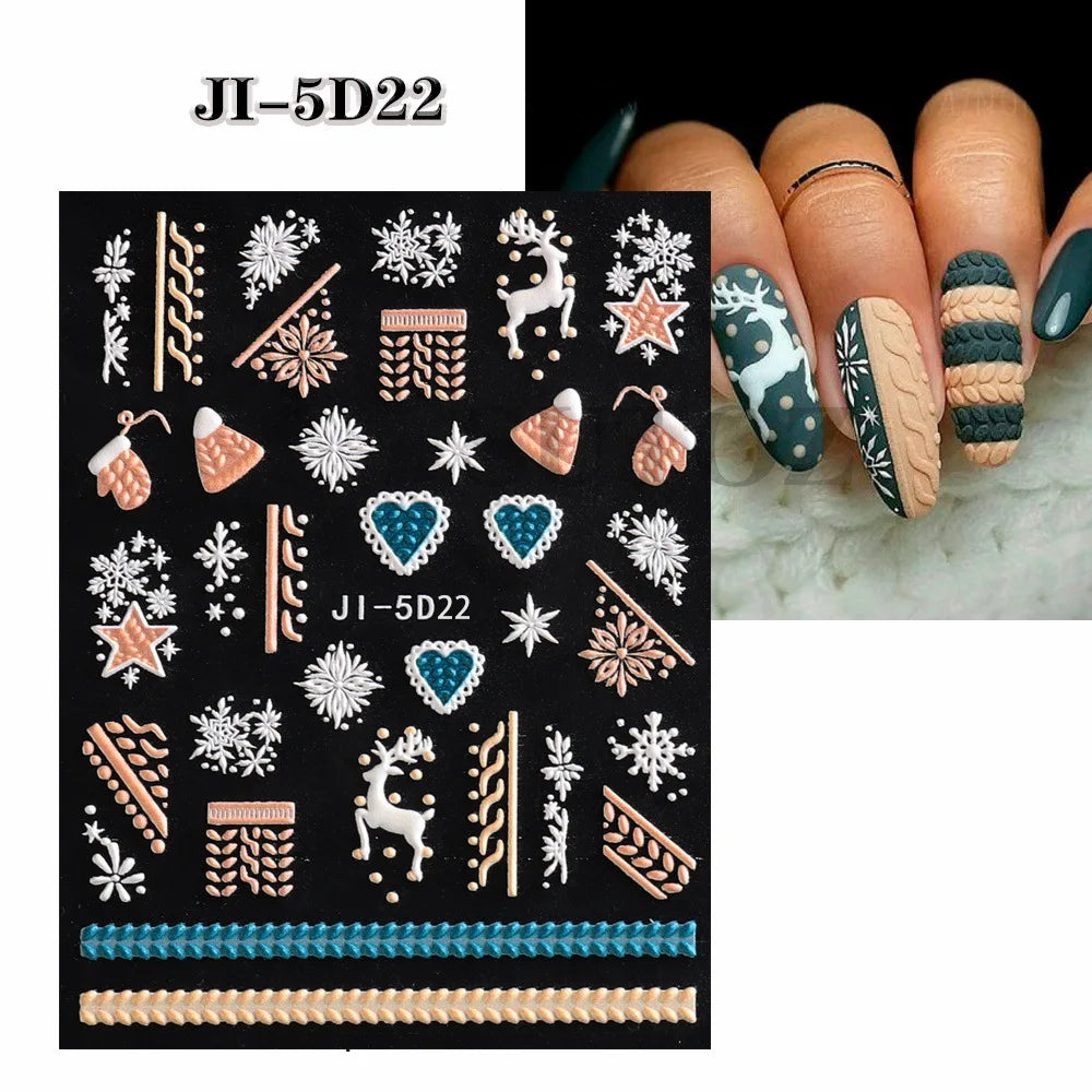 5D Christmas Nail Stickers with Festive Embossed Winter Designs