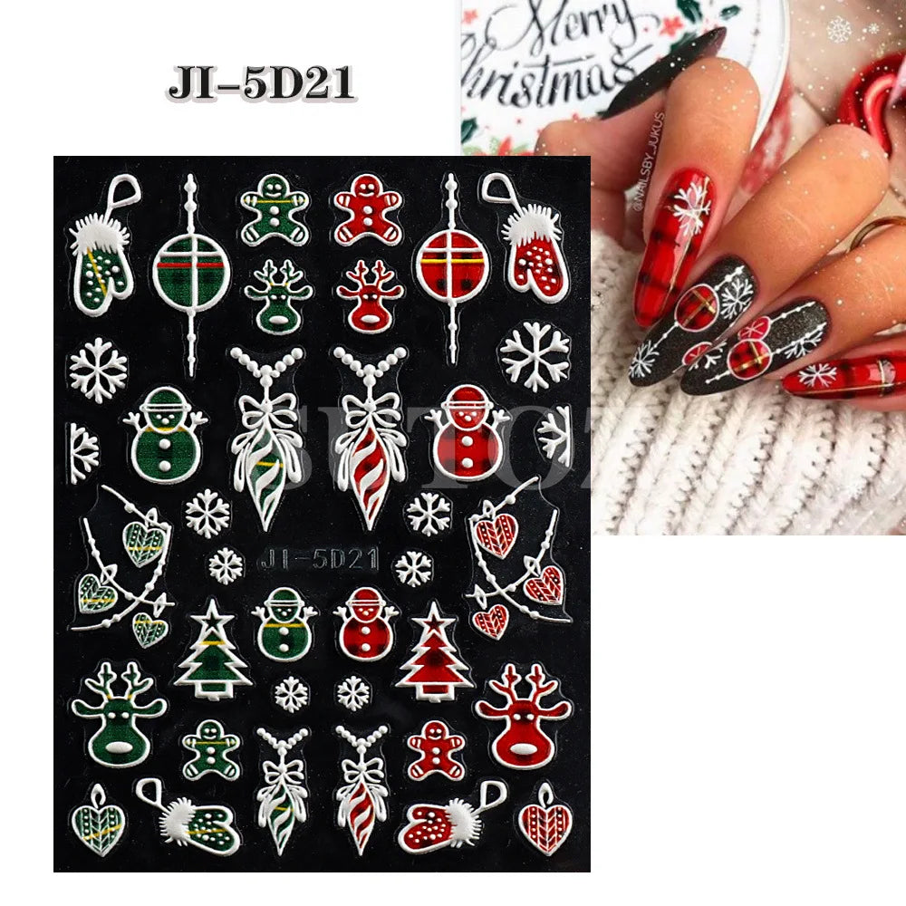5D Christmas Nail Stickers with Festive Embossed Winter Designs - 9