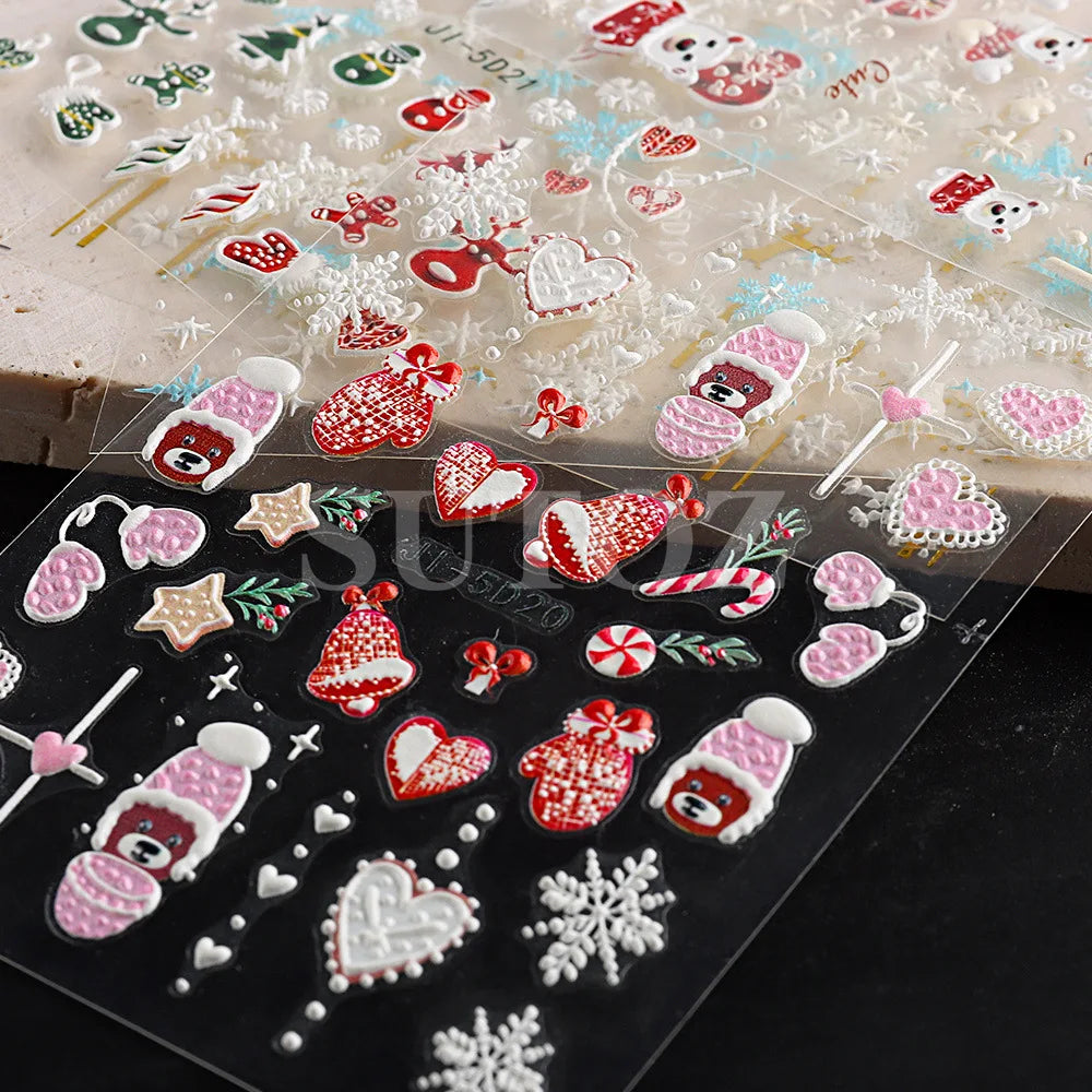 5D Christmas Nail Stickers with Festive Embossed Winter Designs - 14
