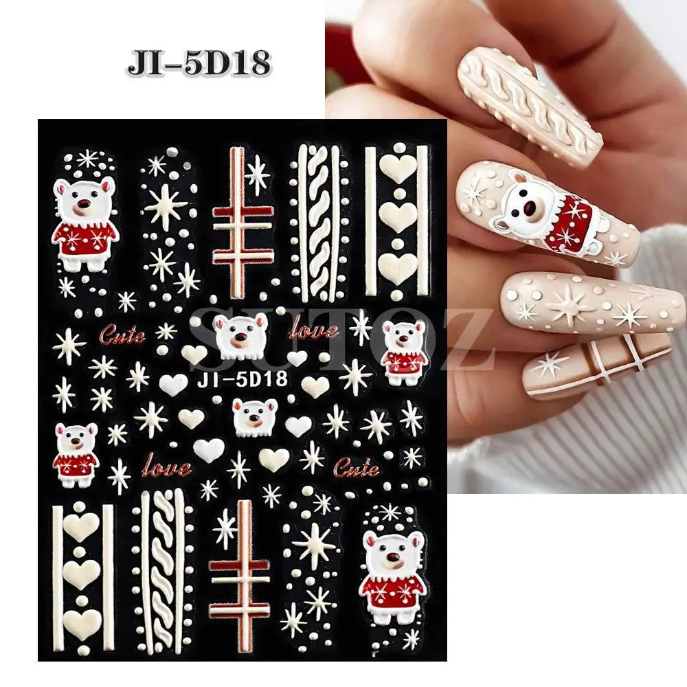 5D Christmas Nail Stickers with Festive Embossed Winter Designs